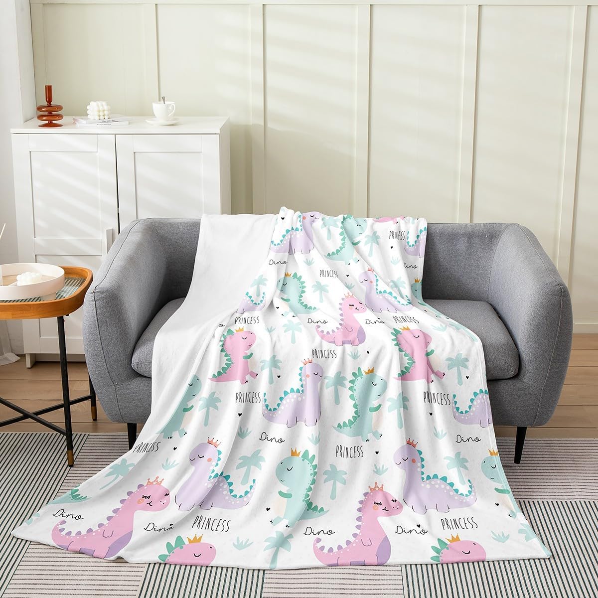 Kids Dinosaur Throw Blanket Girls Kawaii Dino Princess Fleece Blanket Lightweight Cartoon Watercolor Dinosaur Hand Painted Flannel Blanket Home Room Decor Boys Jungle Animal Fuzzy Blanket Purple,Throw