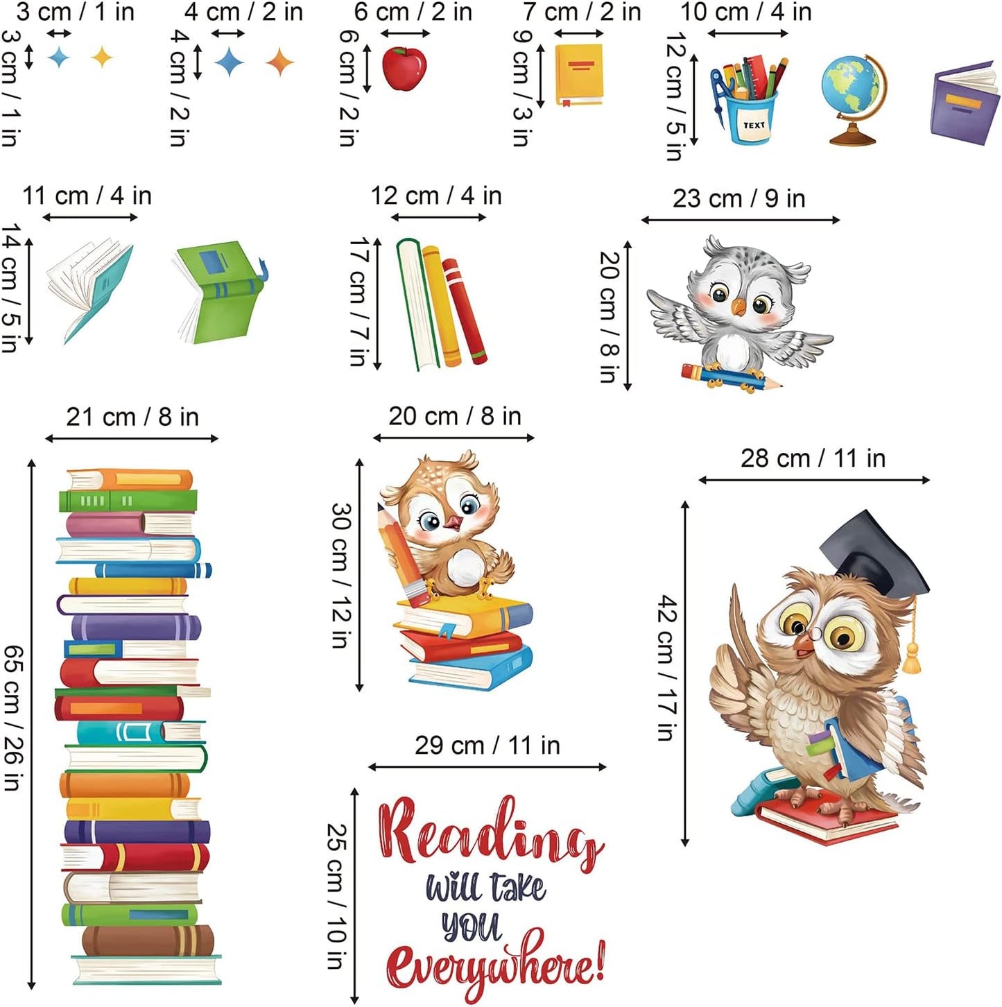 wondever Reading Corner Wall Stickers Owl Books Inspirational Educational Quote Peel and Stick Wall Art Decals for Kids Bedroom Classroom