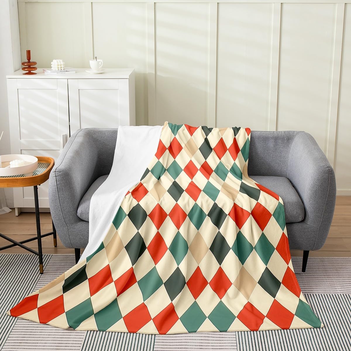 Diamond Plaid Super Soft Flannel Blanket,Green Red Geometric Pattern Fleece Throw Blankets for Couch Bed,Modern Couch Throw Bed Warm Cozy Decorative Blanket Twin 60"x80"