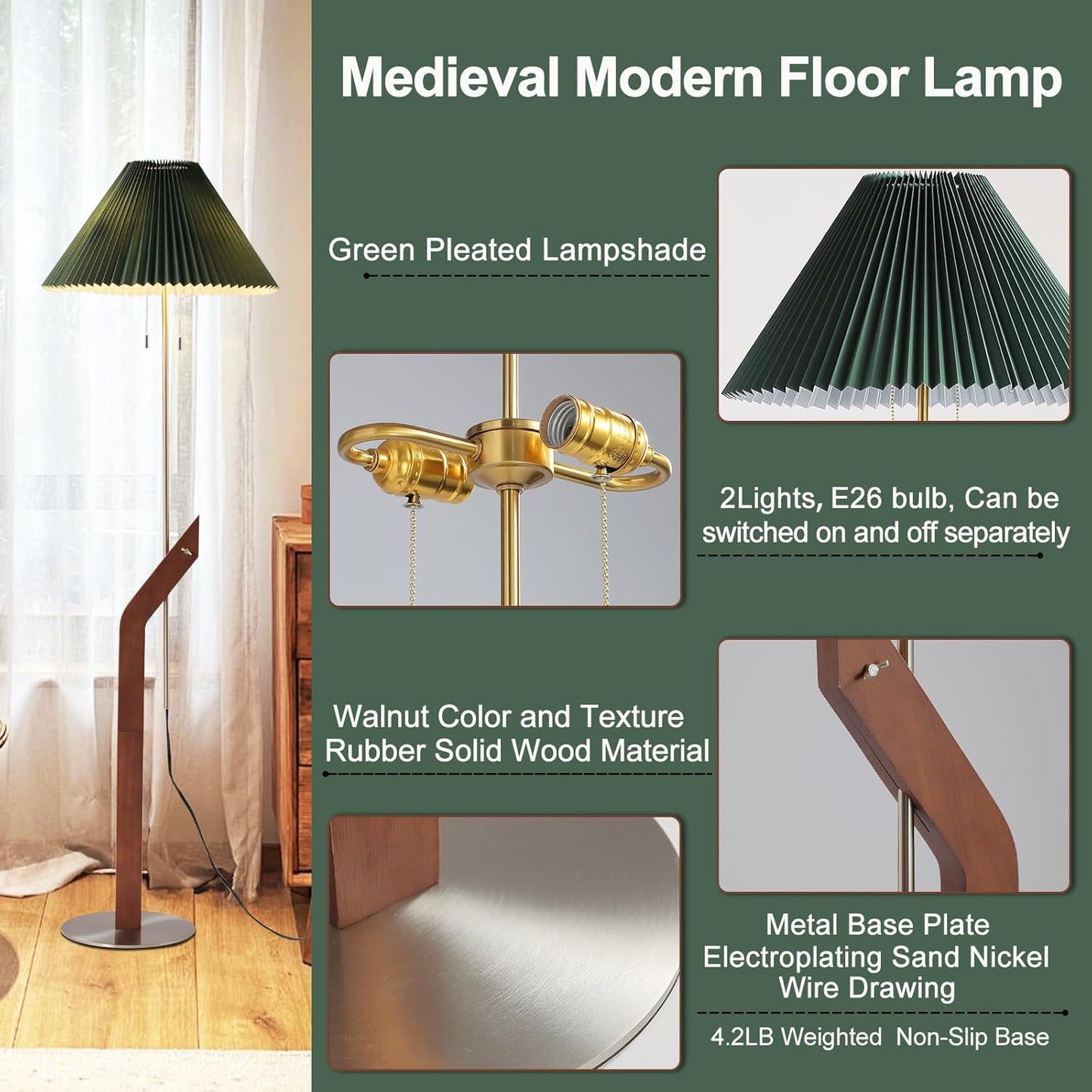 Floor Lamps for Living Room,Mid Century Modern Wood Large Floor Lamp,Height Adjustable Study Room,Bedroom,Office Tall Standing Floor Lamp,Green Pleated Lampshade
