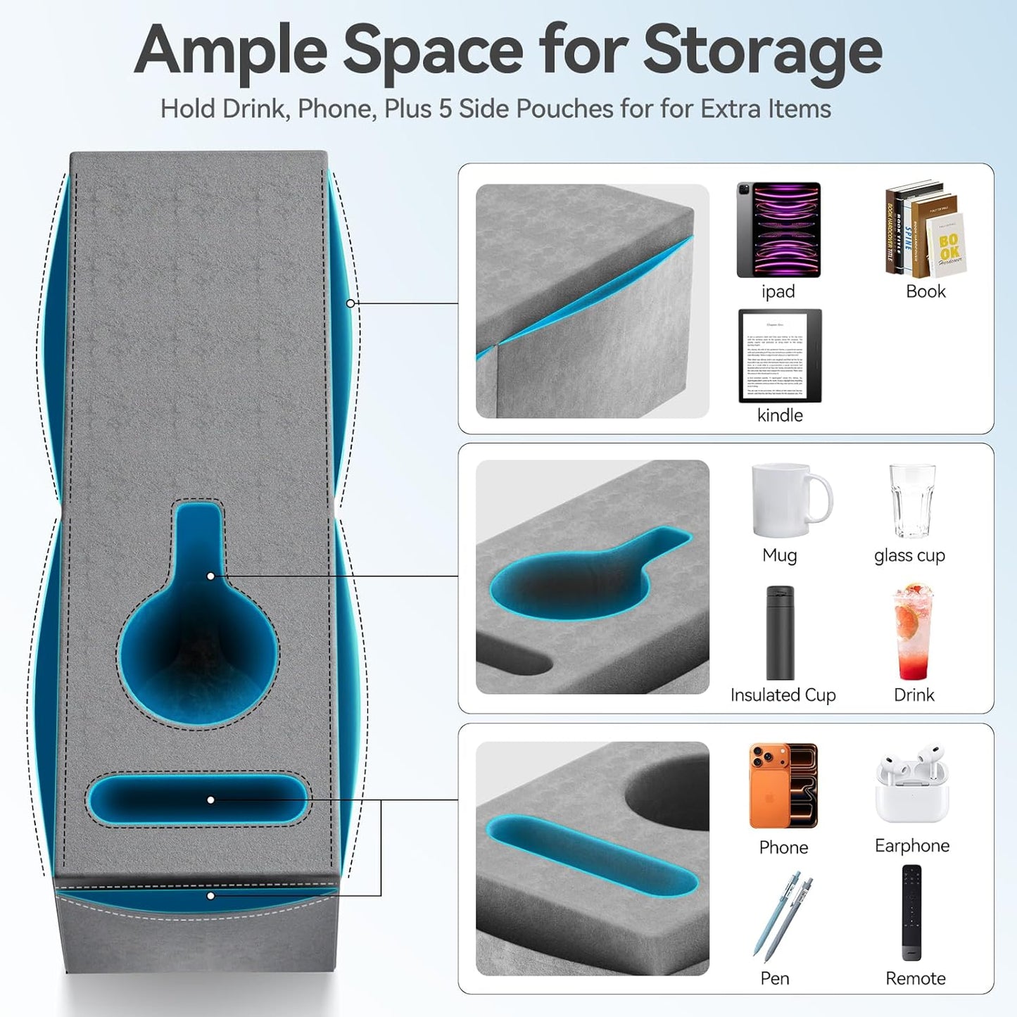 Couch Armrest Caddy with Cup Holder, Portable Sofa Armrest Pillow Drink Holder Table Tray with 5 Large Side Storage Pockets, Portable Sofa Rrmrest for Reading & Bed Rest Pillows armrest couch- 2 Packs