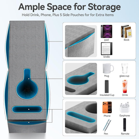 Couch Armrest Caddy with Cup Holder, Portable Sofa Armrest Pillow Drink Holder Table Tray with 5 Large Side Storage Pockets, Portable Sofa Rrmrest for Reading & Bed Rest Pillows armrest couch- 2 Packs