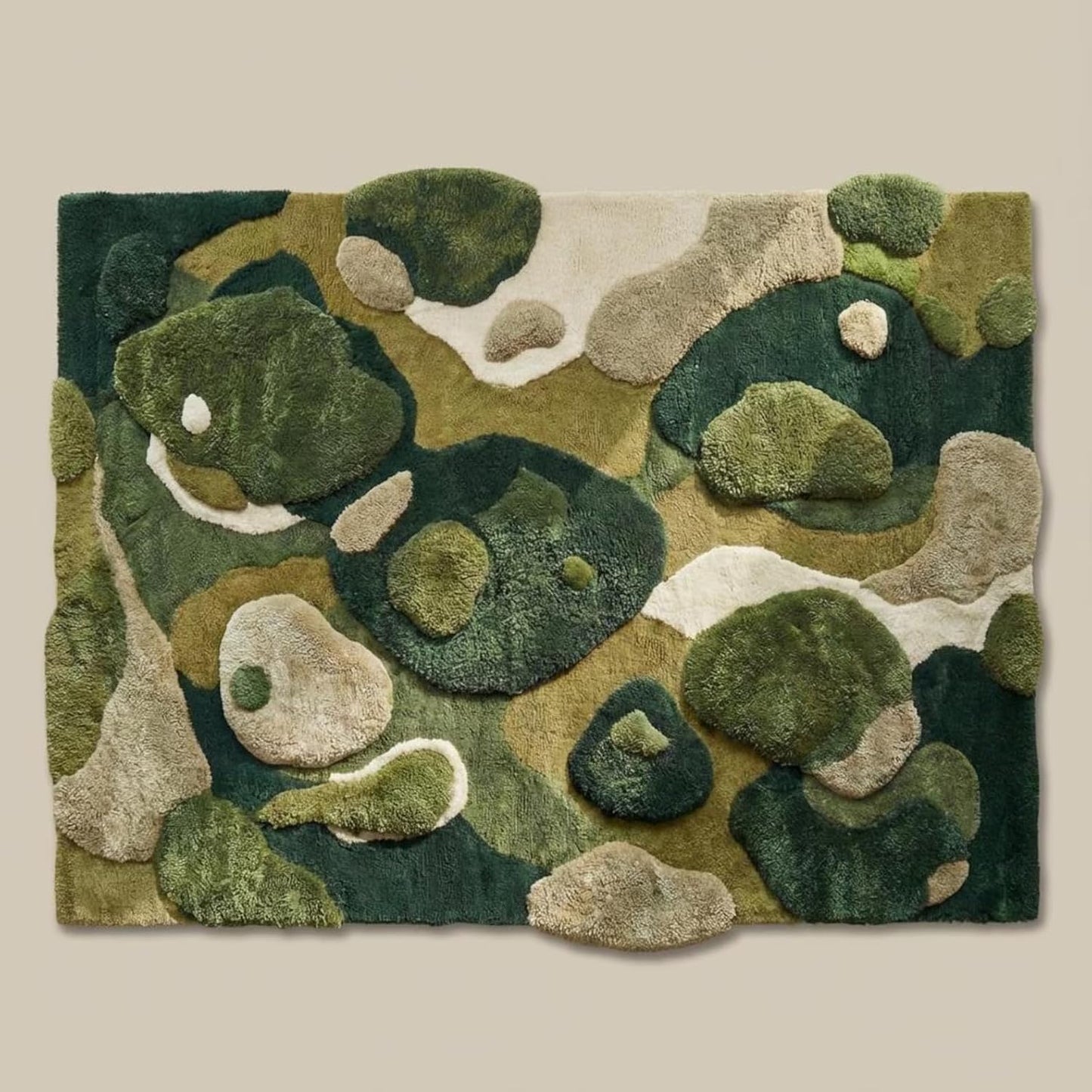 Hand Tufted Wool Abstract Area Rug 3x5 ft | Plush Modern Green Beige Accent Rug | Sculpted Organic Style