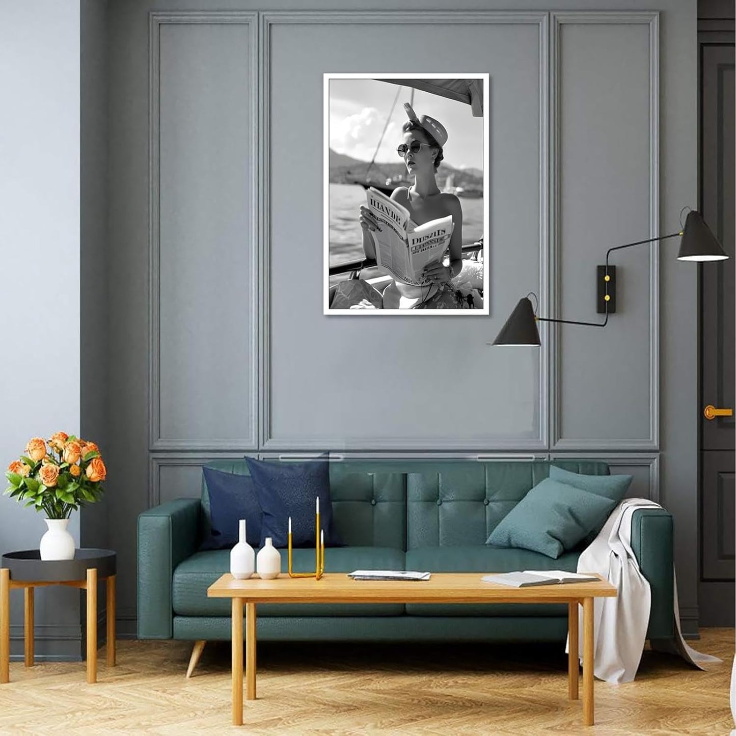 Vintage Black And White Poster Woman Reading Newspaper On Boat Wall Art Retro Luxury Feminist Magazine Aesthetic Prints Painting For Living Room Bedroom Office Wall Decor 12x16in Unframed