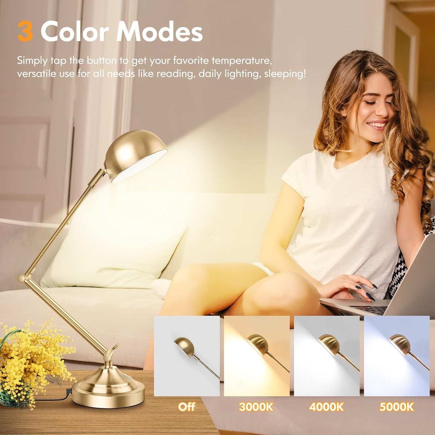 TOBUSA Architect Gold Desk Lamp Dimmable with USB Port, Adjustable Touch Control Vintage Desk Lamp 3 Color Modes, Brass Metal Desk Lamp Retro Style Reading Light for Home Office Desk Bedside Table