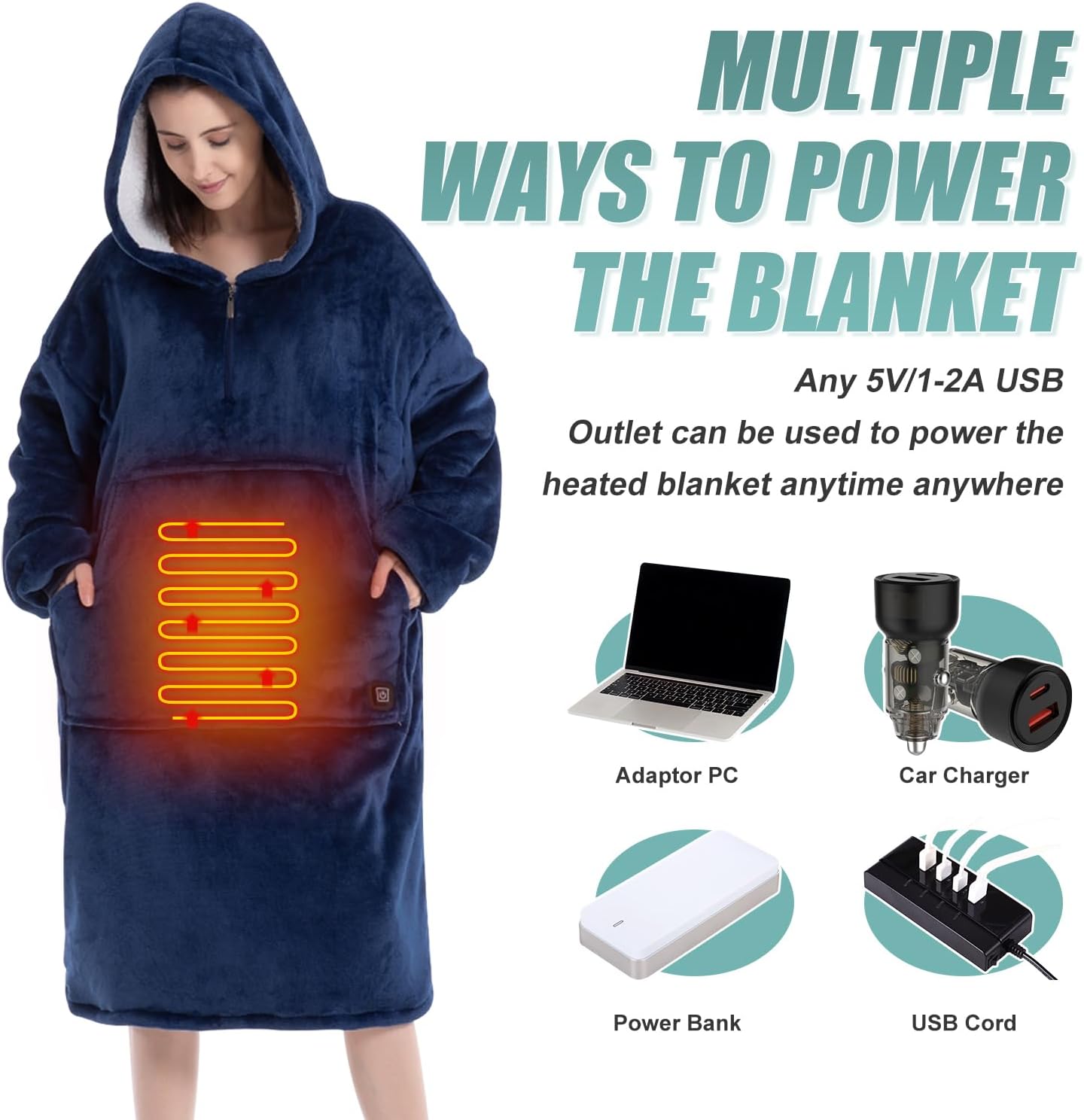Heated Wearable Blanket Lazy Hoodie with Large Heating Area on Back Electric Heating Blanket Long Version