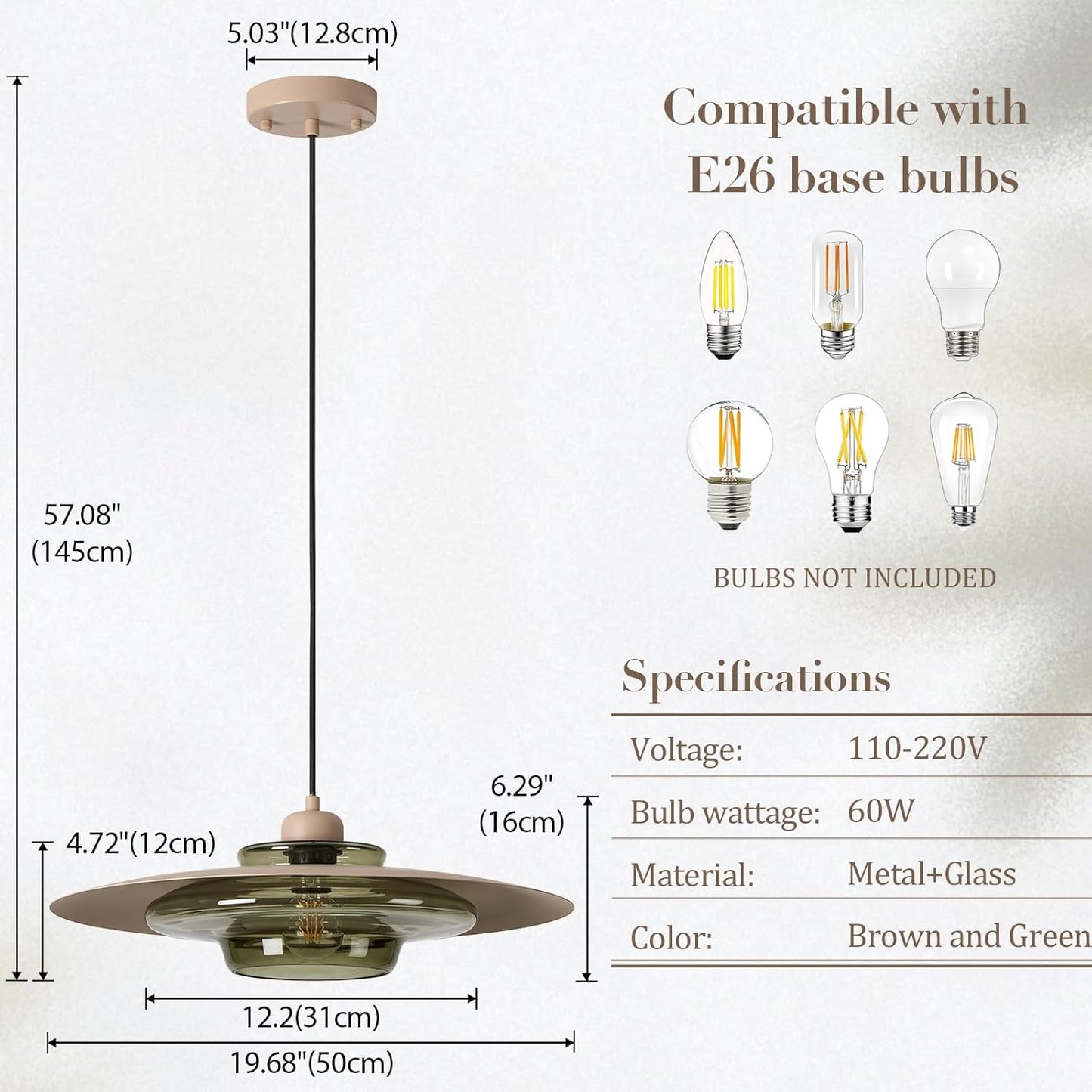 TeHenoo Modern Pendant Light,Light Brown Shade,Deep Green Clear Glass Lamp,Adjustable Mid Century Pendant Lighting for Kitchen,Dining Room,Living Room