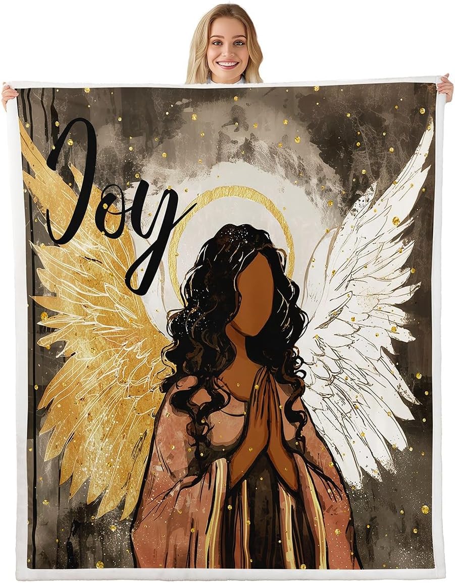 Feelyou Merry Xmas Sherpa Throw Blanket for Couch Black Girl Angel Super Soft Cozy Fleece African American Blanket for Winter, Plush Throw Throw 50"x60" All Season