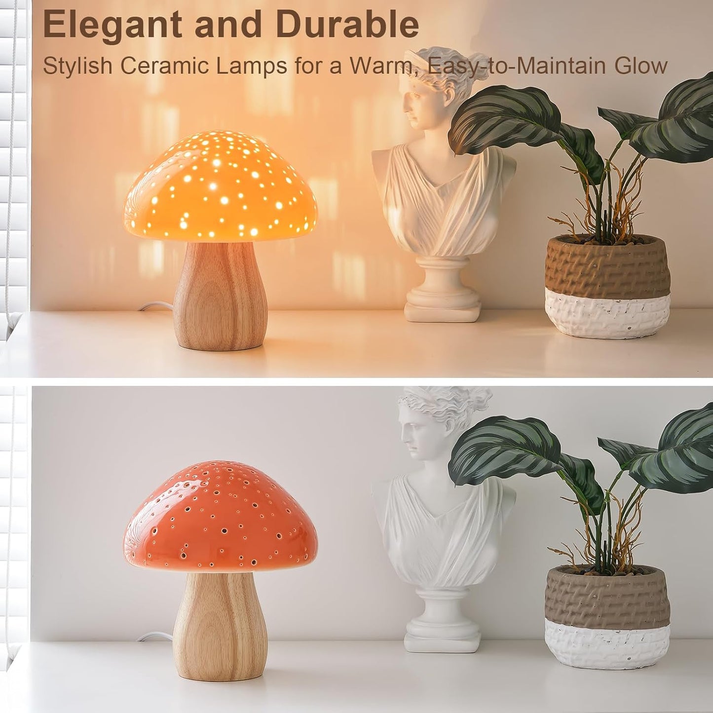 BOHON Mushroom Lamp, Ceramic Bedside Table Lamp for Bedroom Nightstand, Retro Vintage Orange Night Light, Small Aesthetic Lamp for Living Room Desk Home Decor, LED Bulb Included, Orange