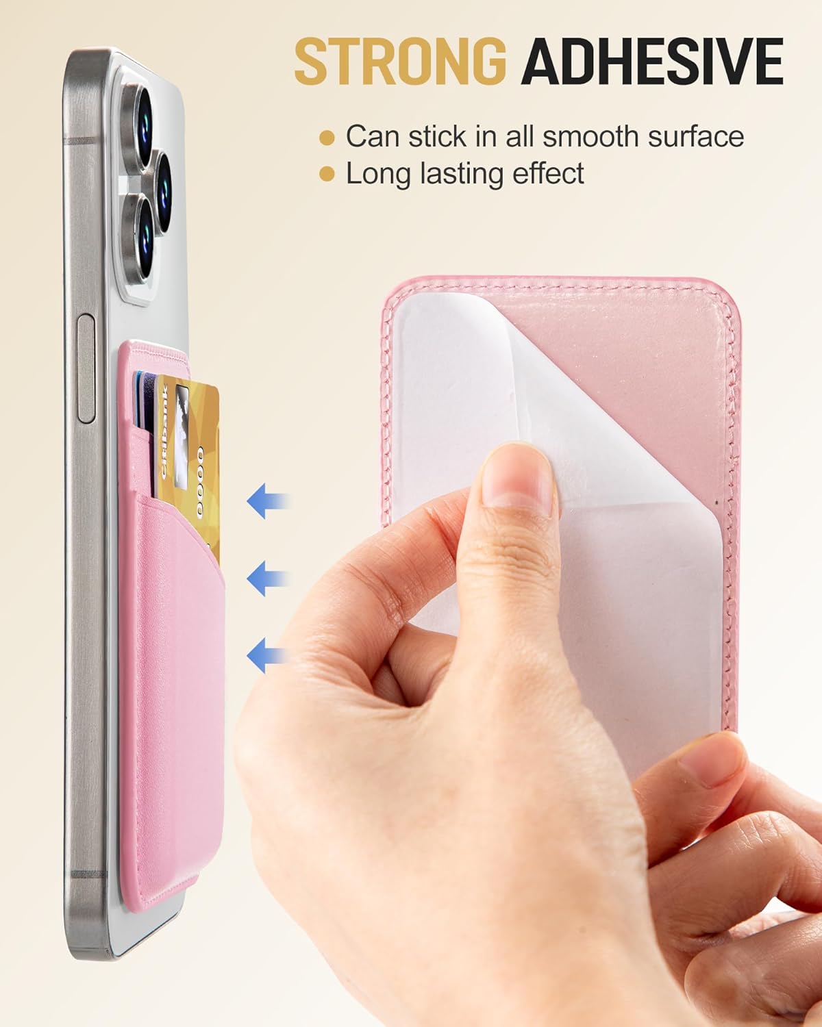 Senose Phone Wallet Stick on, 2 Pack Phone Card Holder for Phone Case, Leather Credit Card Sticky Wallet 3 Pockets Back of phone, Compatible for iPhone, Android, Samsung-White Pink
