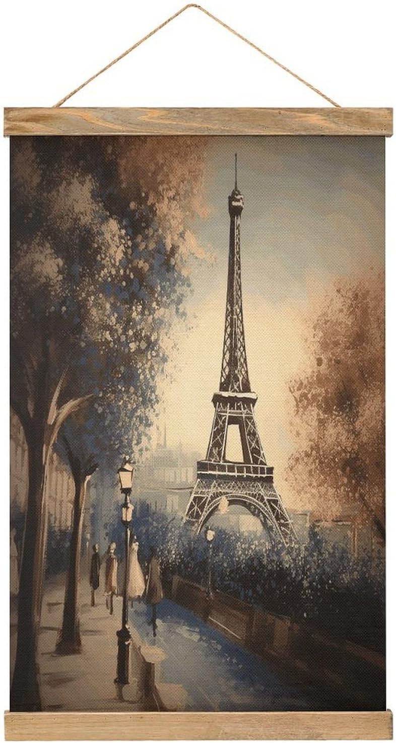 Vintage Romantic Paris Eiffel Tower Poster with Wooden Frame Personalized Linen Hanging Scroll Painting Rustic Wall Hanging Illustrative Modern Artwork Decor for Home Living Room Bedroom Office