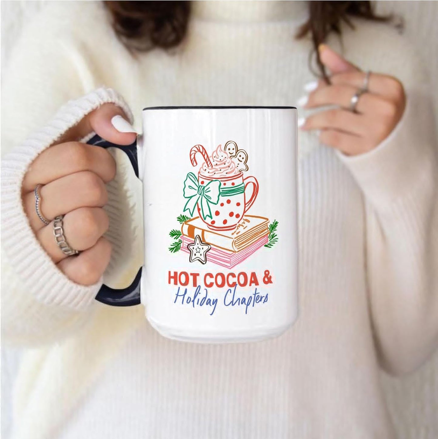 Christmas Hot Cocoa & Holiday Chapters Two-Tone Accent Mugs, 11oz 15oz Drinking Cups, Kitchen Décor, Gifts For Book Lovers