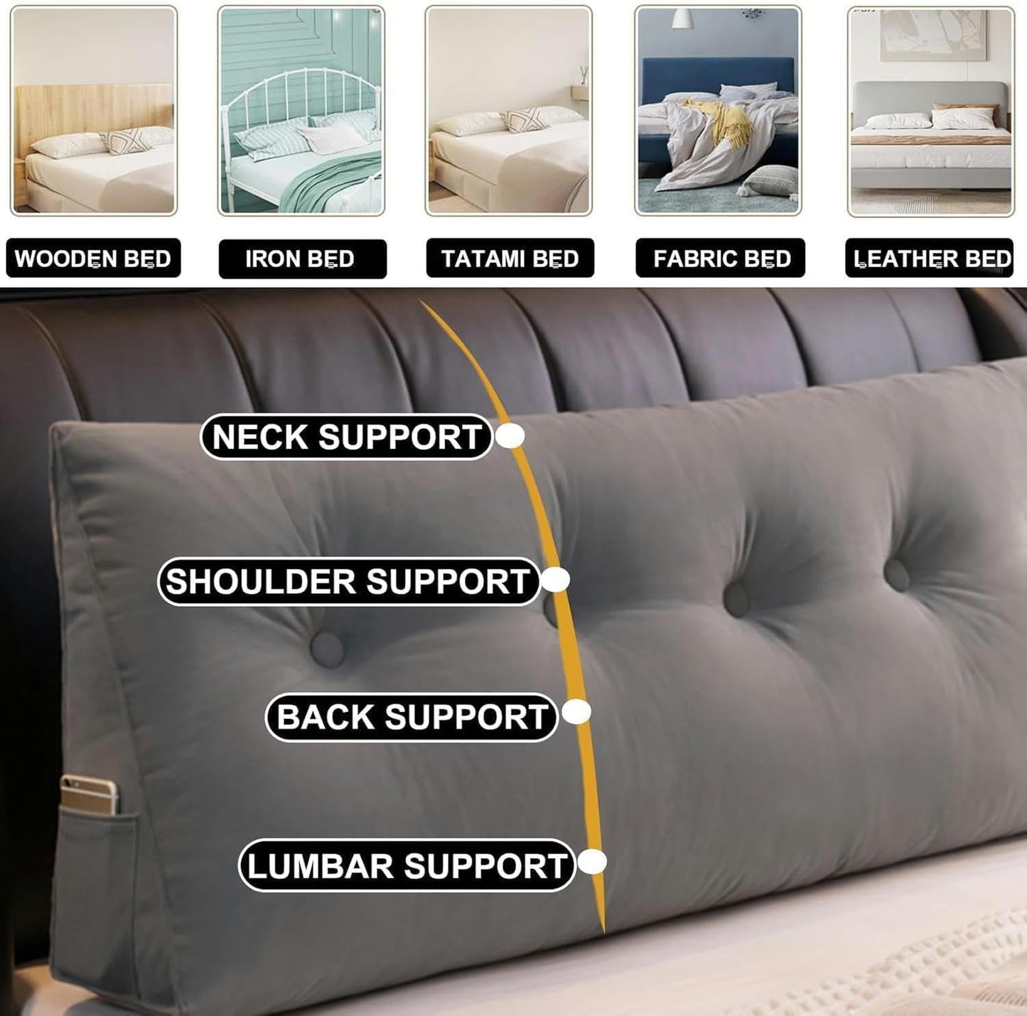 Solid Color Triangular Headboard Pillow, Reading Pillow Back Support Day Bed Lumbar Cushion for Home Dorm Day Bed with Removable Cover