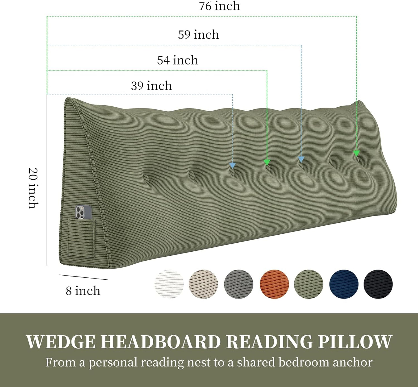 Headboard Wedge Pillows for Sitting Up in Bed Rest Adult，Triangular Upholstered Stuffed Reading Pillow for Sofa Couch Back Cushions Lumbar Body Support Bedroom（Queen，Corduroy Sage Green）