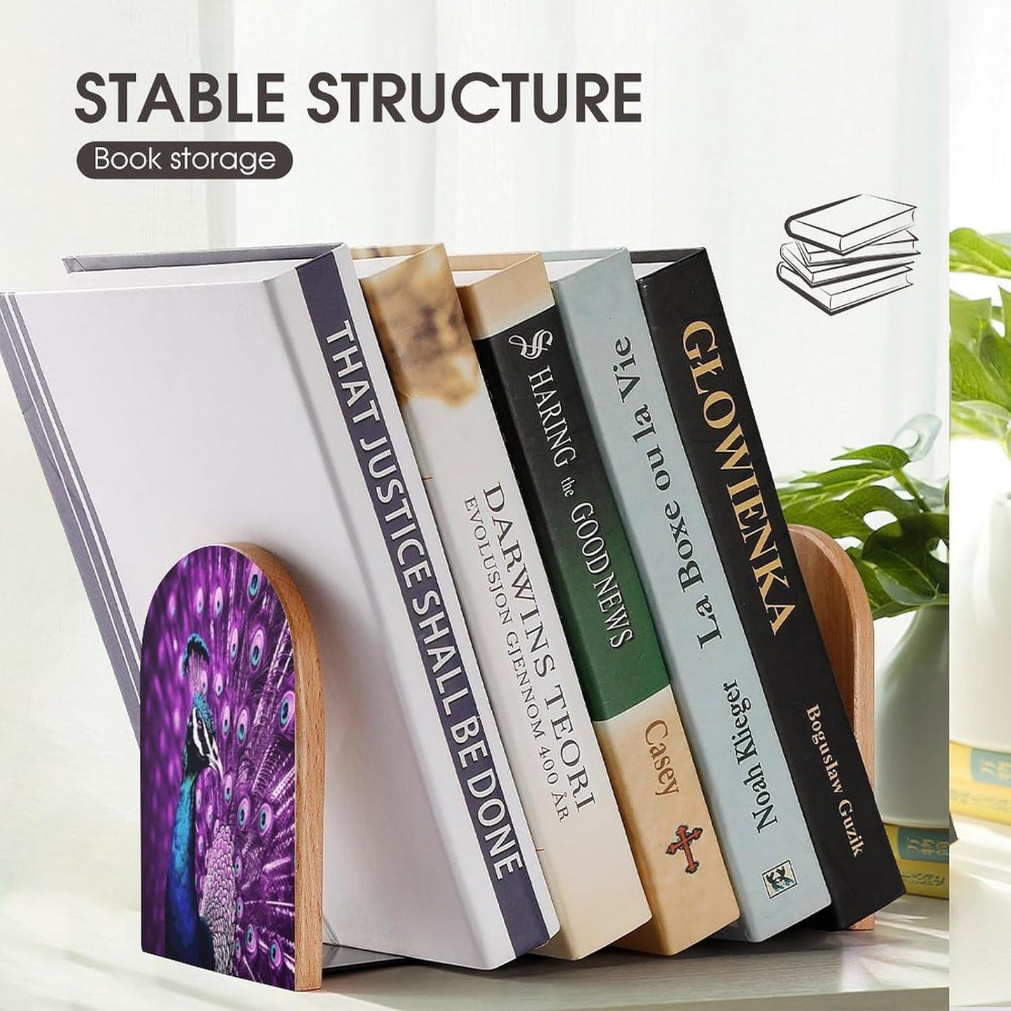 Purple Peacock Bookends 1 Pair Heavy Duty Book Ends for Shelves Non-Skid Bookend Supports Wooden Book Holders with Metal Base Desk Organizers Books Storage to Hold Books