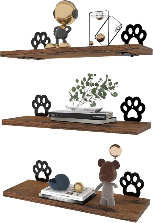 Lavezee Paw Prints Wall Decor Floating Shelves Set of 3, Cute Rustic Wooden Shelf Decorative Living Room, Bedroom, Bathroom, Log Cabin Shelving Wall Mounted