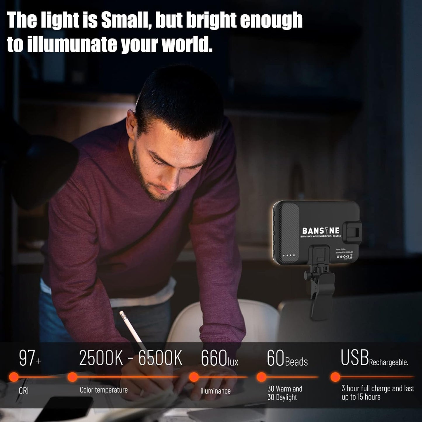 Selfie Light - BANSINE USB-Rechargeable LED Phone Light - Portable Photo Light with 97+ CRI, Up to 6500K Color Temperature for Selfie, Zoom Conference, Video, Makeup and Live Stream