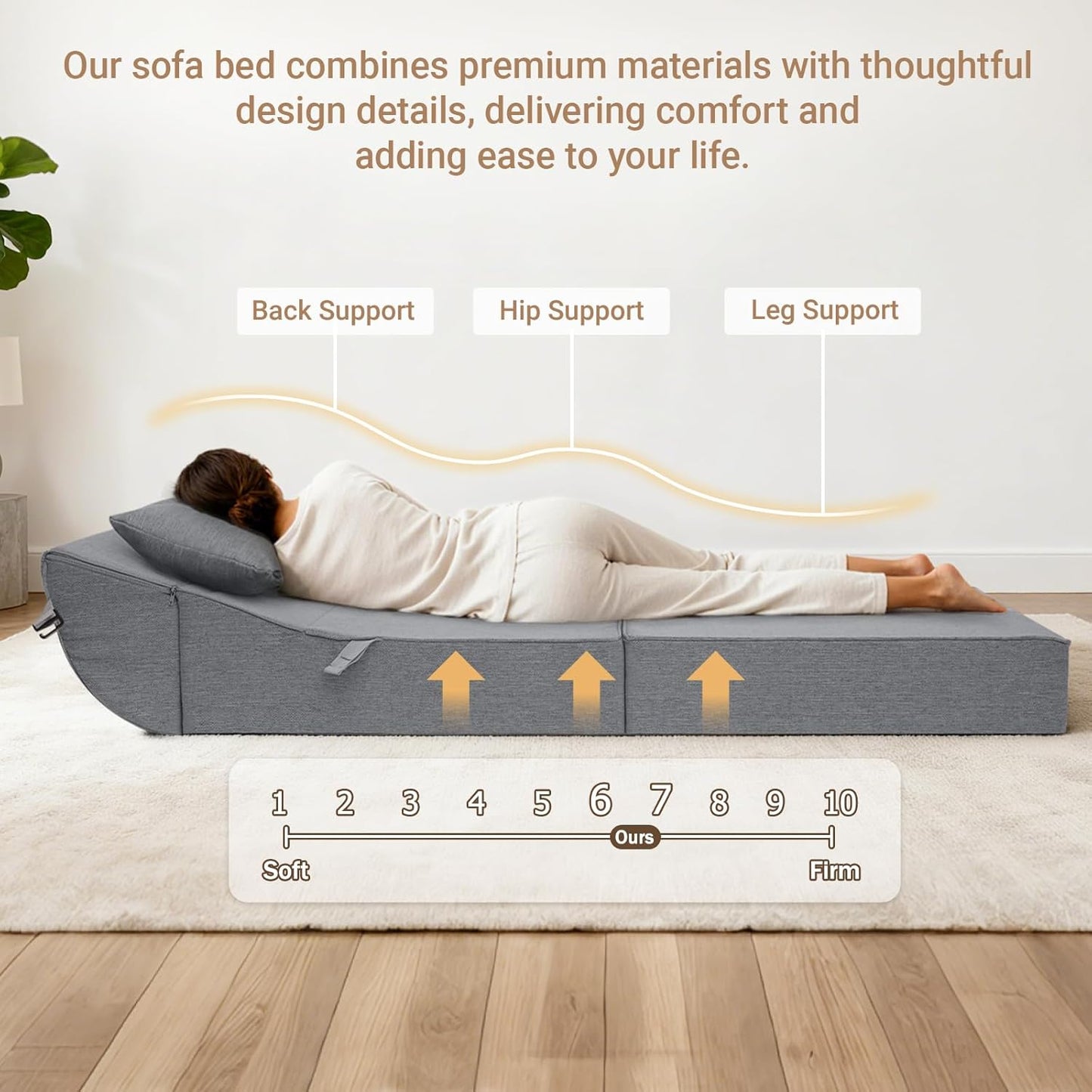 BeBen Folding Sofa Bed Chair, Convertible Sleeper Chair Futon Couch, Foldable Boneless Floor Lounger Sofa, Single Foam Chair Bed for Small Spaces, Dorm, Guest Room, Living Room, Apartment, Grey