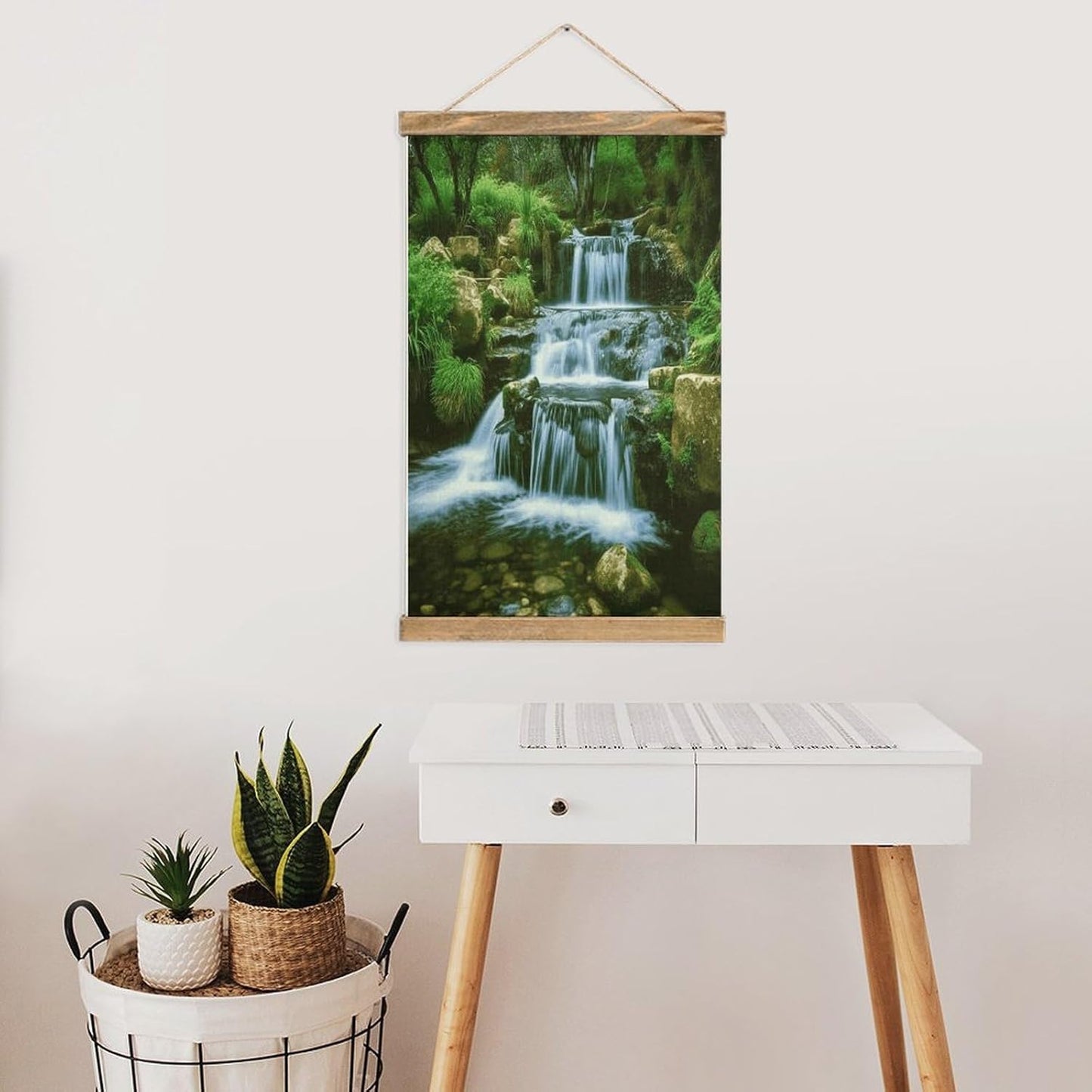 Vintage Waterfall Flowing Down Poster with Wooden Frame Personalized Linen Hanging Scroll Painting Rustic Wall Hanging Illustrative Modern Artwork Decor for Home Living Room Bedroom Office