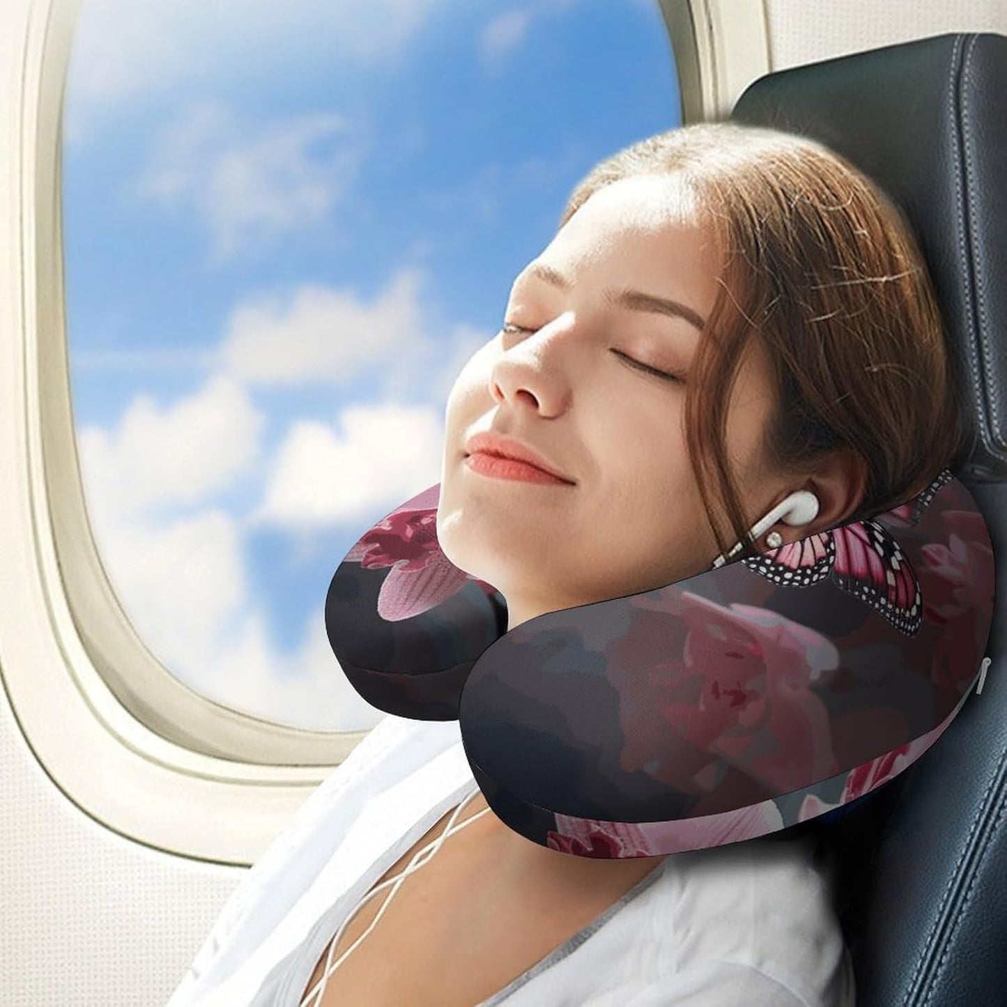 Orchid Flower Butterfly Soft Fresh Spring Neck Pillow Memory Foam U Shaped Pillows Portable Pillows for Shoulder Travel Head Support Pillow with Concealed Zipper for Airplane Car Home Office