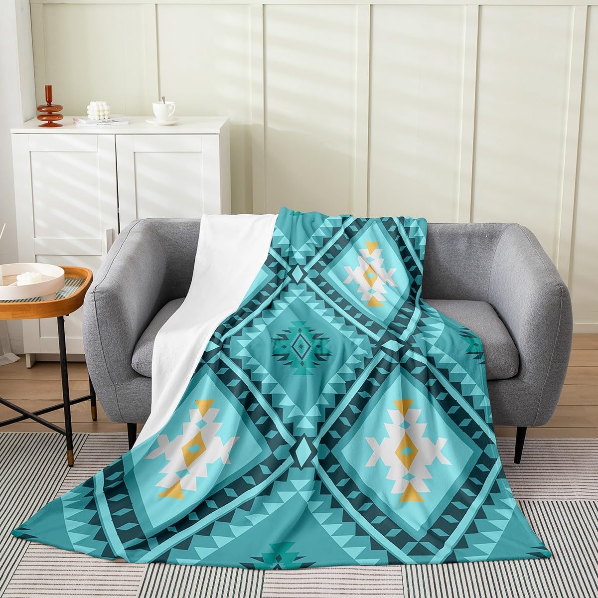 Erosebridal Western Boho Aztec Fleece Blanket Queen 90"x90" Turquoise Rustic Farmhouse Flannel Blanket Southwestern Fuzzy Plush Throw for Kids Boys Girls,Bohemian Geometric Decor for Bed Couch