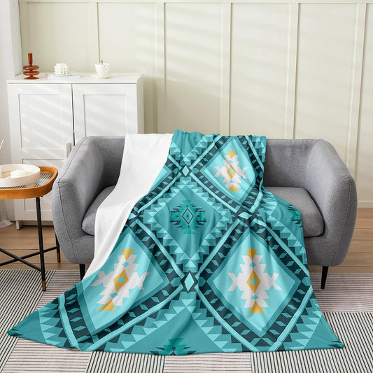 Erosebridal Western Boho Aztec Fleece Blanket Queen 90"x90" Turquoise Rustic Farmhouse Flannel Blanket Southwestern Fuzzy Plush Throw for Kids Boys Girls,Bohemian Geometric Decor for Bed Couch