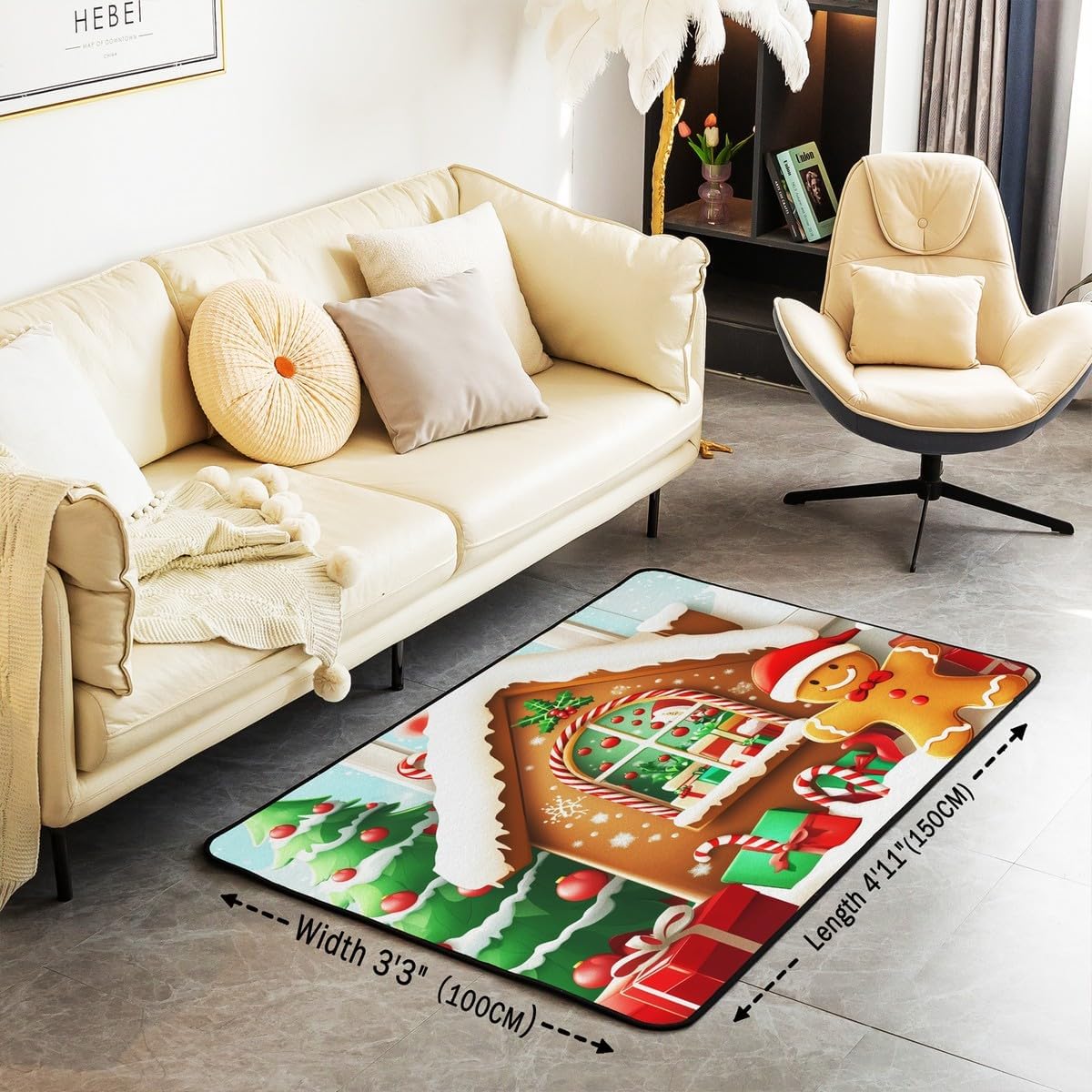 Erosebridal Gingerbread Man Area Rug 4'11" x 3'3" Gingerbread House Living Room Rugs Candy Cane Cute Decorative Carpet Gift Box Holly Berries Indoor Floor Mat