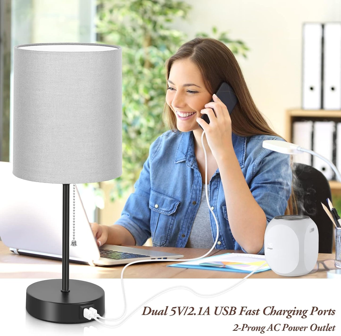 44.3cm(17.3인치) 테이블 램프 2개 세트, USB 및 AC 콘센트 2개, 침실 거실 어린이 방을 위한 침대 옆 나이트 스탠드 램프, 풀 체인 스위치 및 패브릭 쉐이드가 있는 책상 램프, 사무실 독서 아기방용, 그레이