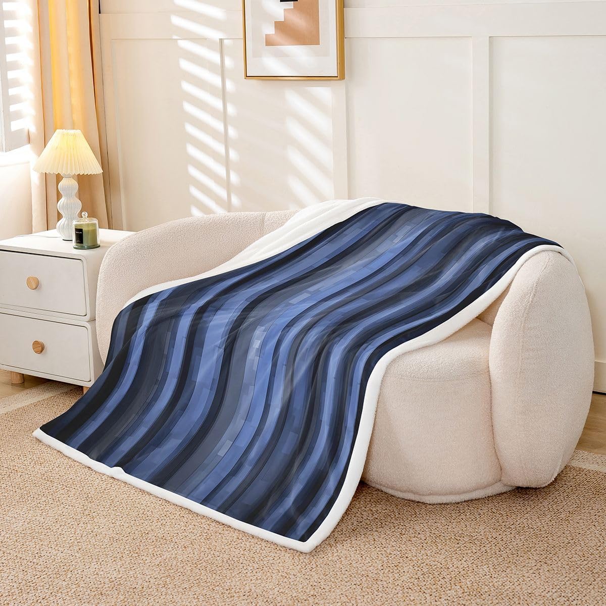 Feelyou Abstract Stripe Sherpa Throw Blanket for Couch Dark Blue Super Soft Cozy Fleece Geometric Blanket for Winter, Plush Throw Luxury Baby 30"x40" Modern Art All Season