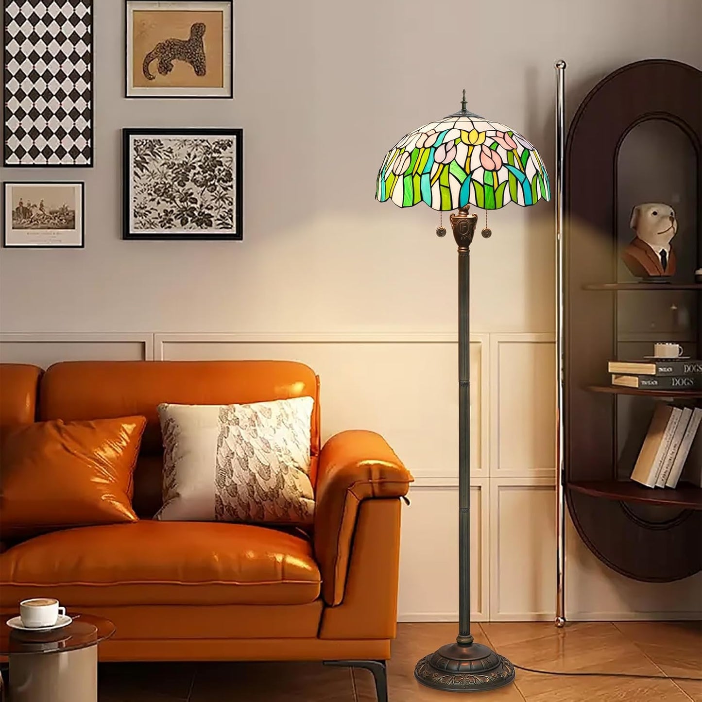 Tiffany Floor Lamp Pink Orange Tulips Stained Glass lamp for Living Room Bedroom Office Bright Lighting Rustic Corner Decor Standing Tall Unique Vintage Reading Aesthetic Light