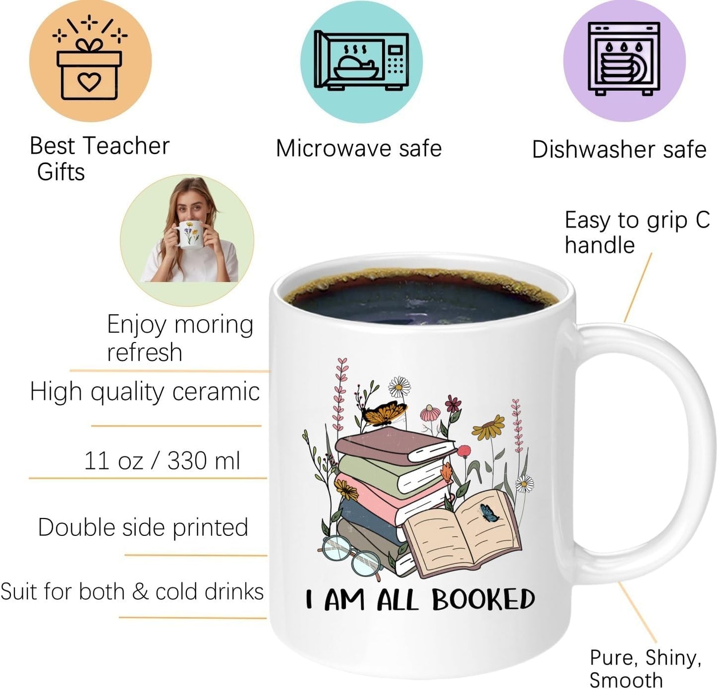 Book Lovers Gifts,Bookish Reader Gift, I Am All Booked 11 Oz Ceramic Coffee Mug Cup Water Cup, Book Club Party Gift Ideas,Water Cup for Readers Bookworms (Booked)