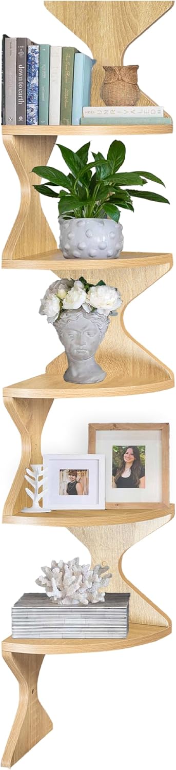 Zigzag Corner Shelf, Wood Corner Wall Shelf, 5 Tier Floating Corner Shelves for Small Space Storage, Corner Bookcase for Living Room, Home Office, Bedroom, (Natural, 5 Tier)
