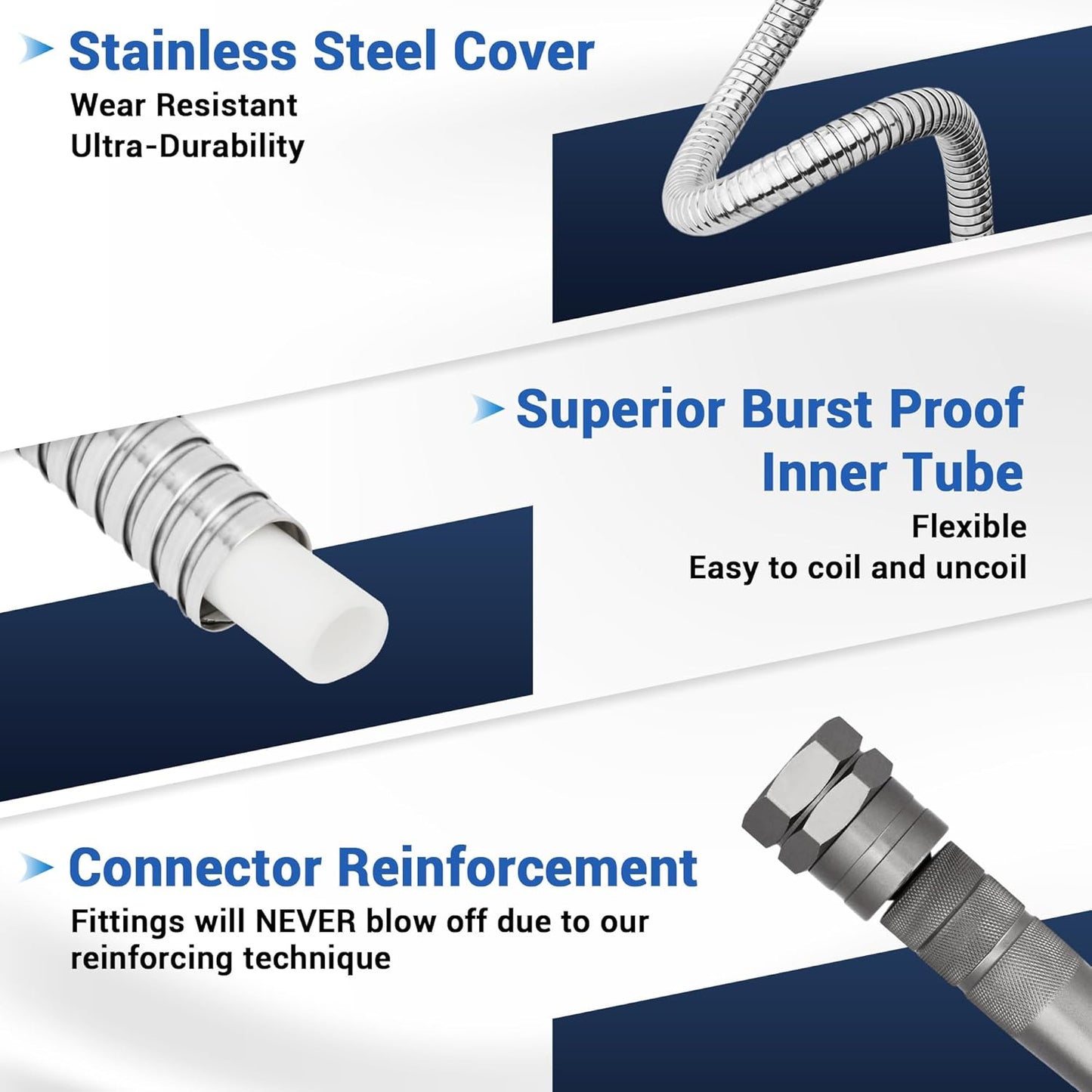 100 FT Stainless Steel Garden Hose – Long Reach 304 Steel Metal Water Hose, No-Kink, Leak-Proof Swivel Fittings, Puncture Resistant, 8-Pattern Nozzle for Large Yards, Driveways, Farm Tasks