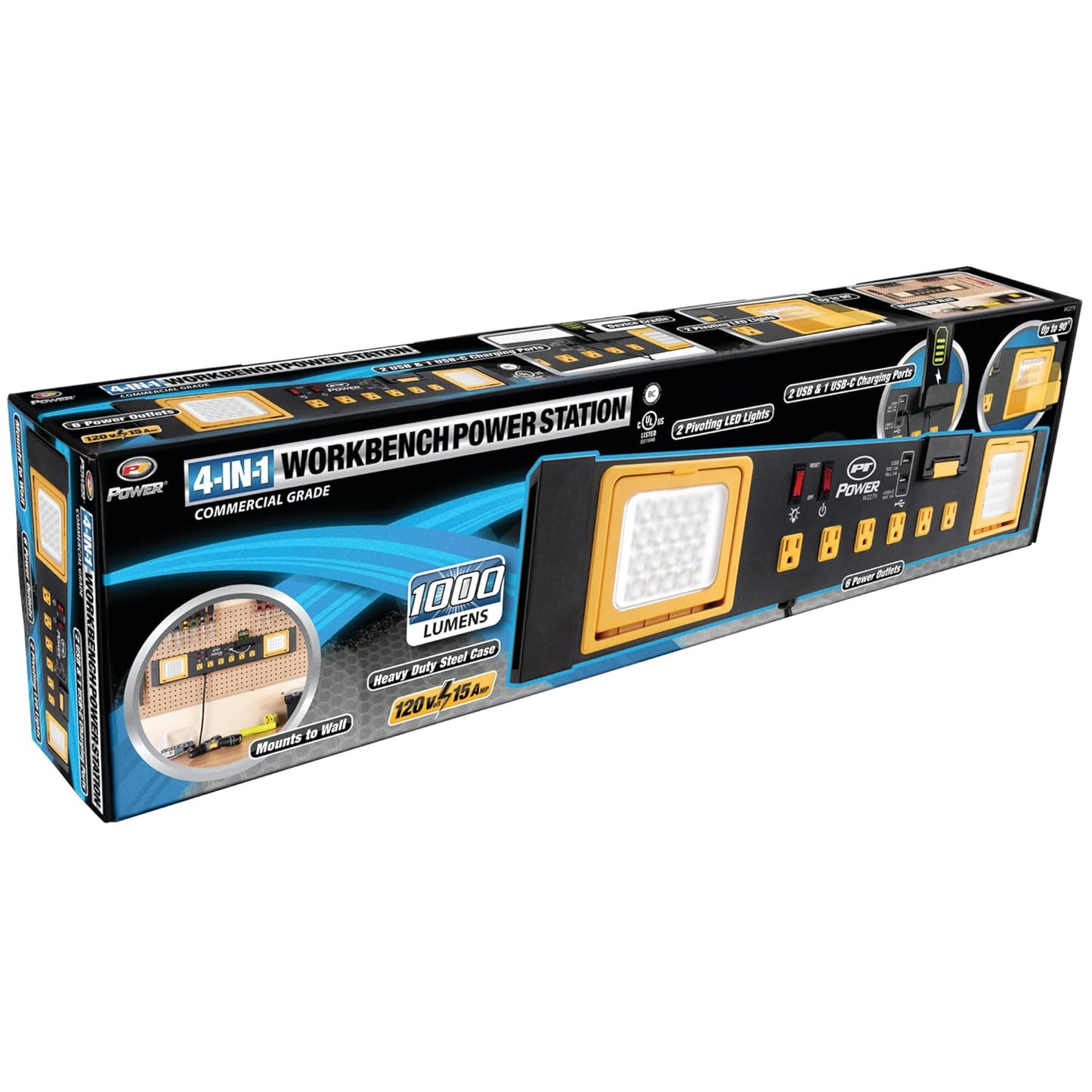 Performance Tool W2279 Commercial Grade Power Station with 6 Outlets, 2 USB Ports, Built-In Cradle, and LED Lights, Ideal for Workshops and Garages