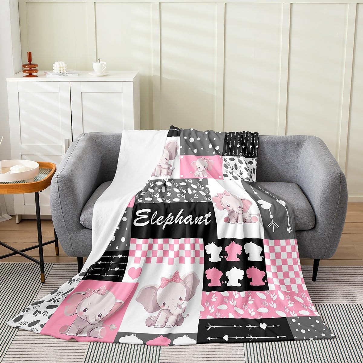 Cute Elephant Flannel Fleece Blanket,Lovely Animal Pink Bowknots Cartoon Soft Blanket for Bed Sofa Couch,Pink Gray Black Plaids Grids Patchwork Bed Blanket for Bedroom Decor,Twin 60"x80"