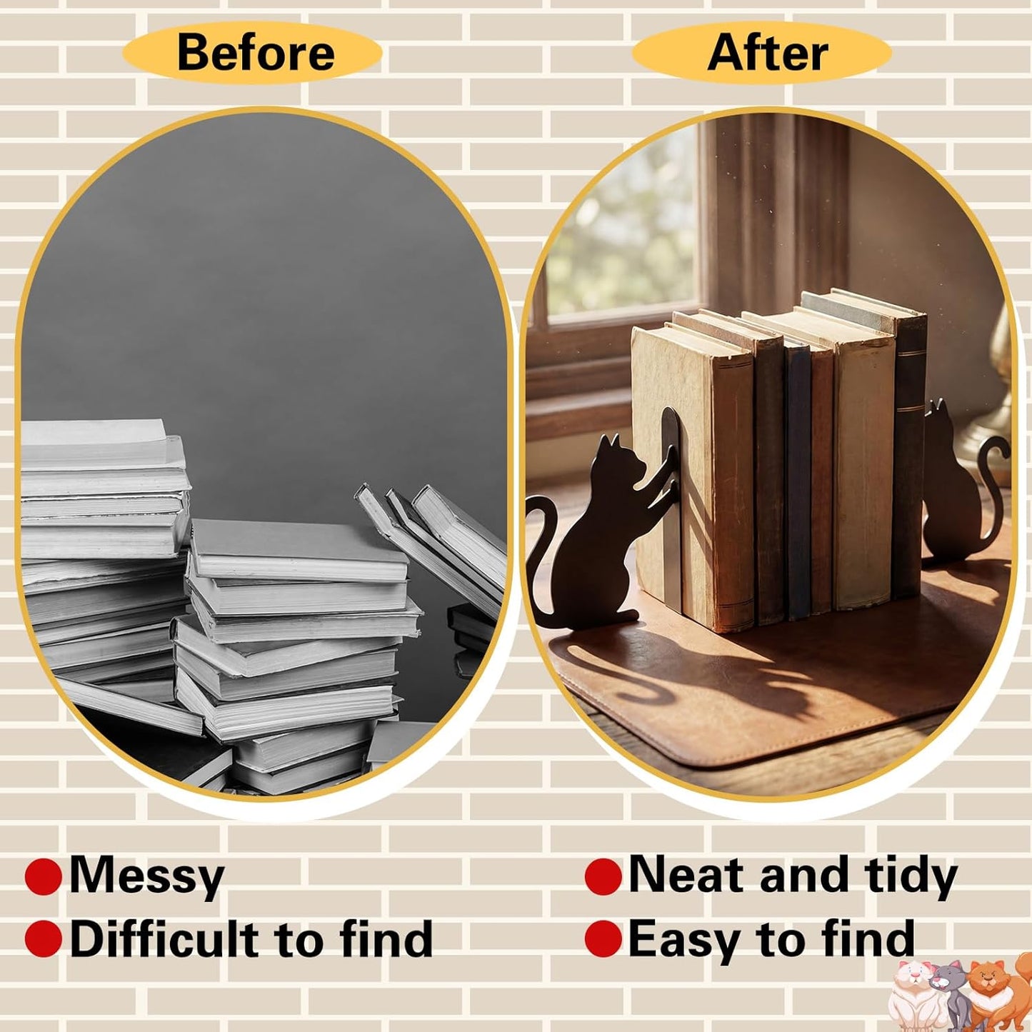 Hicarer Cat Metal Bookends Push Cat Bookends Cute Book Ends for Shelves Decorative Home Office Desk Bookshelf Gift for Reading Enthusiasts Family