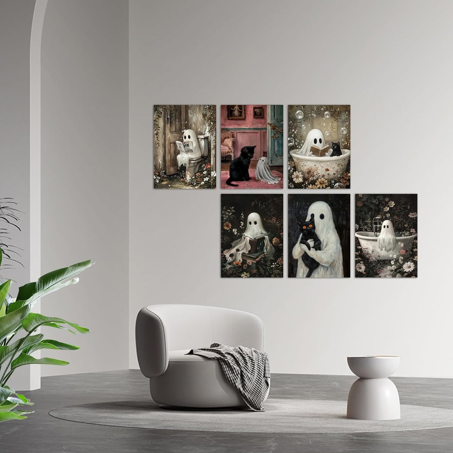 Vintage Ghost and Black Cat Wall Art Set of 6 Cute Gothic Halloween Poster Prints for Bathroom Bedroom Kids Room Spooky Reading Bathtub Ghost Picture Painting Unframed 12x16 Inch Wall Decor