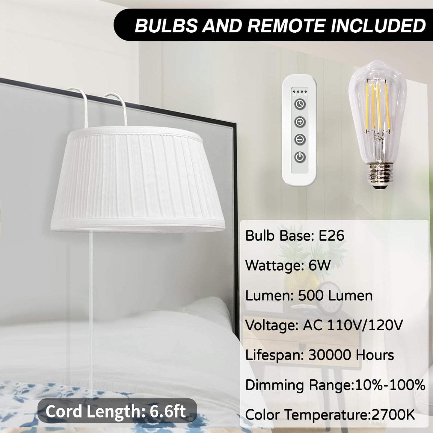 Bed Reading Light, Headboard Light Reading Lights for Books in Bed with Adjustable Hook, Eye Caring Soft Fabric Shade Bedtime Reading Lamp Plug in, LED Bulb Included (White)