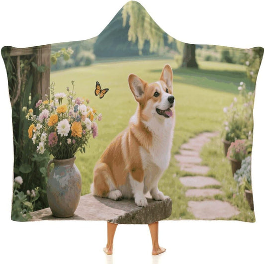 Corgi Floral Flowers Wearable Hoodie Blanket for Women Men Fleece Blanket with Hood Oversized Warm Cozy Gifts