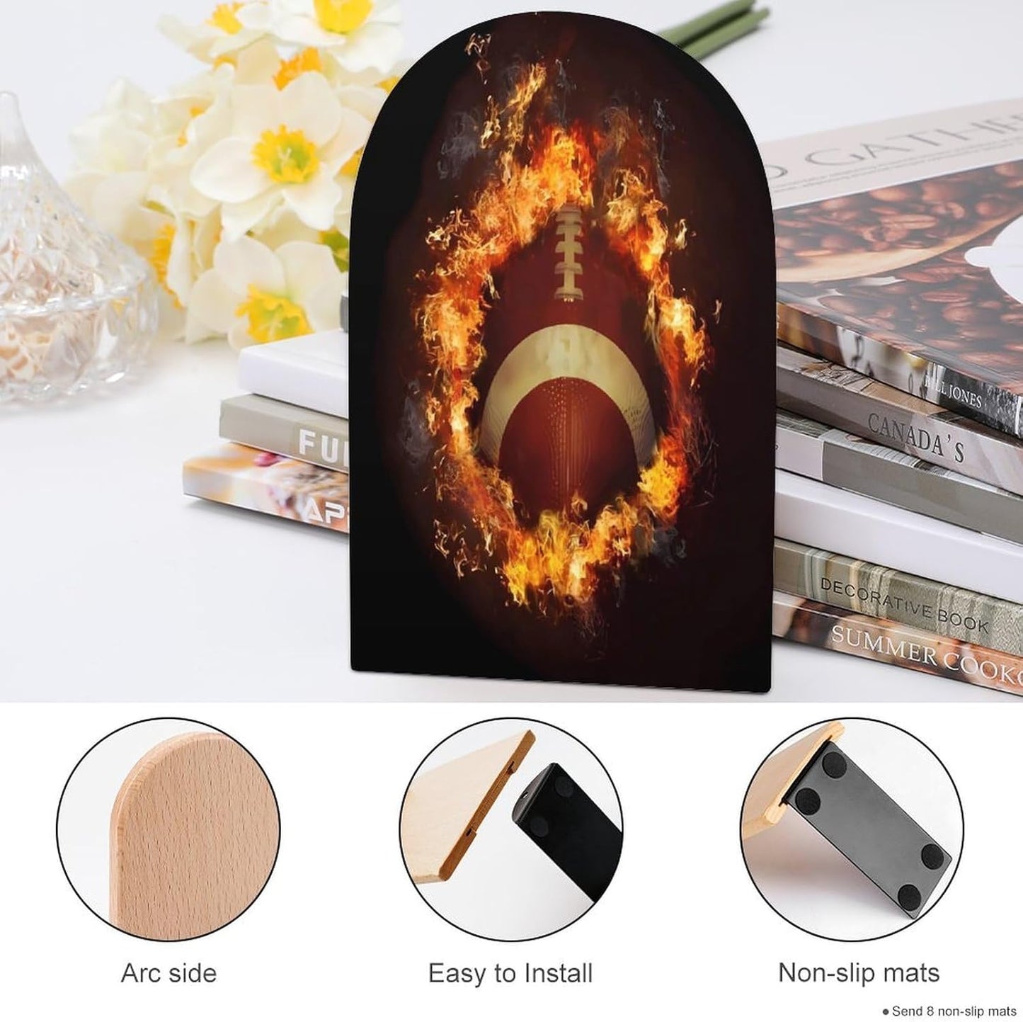 Flaming American Football Wooden Bookend Non-Slip Book Ends Heavy Duty Book Stopper with Metal Base Books Holderd Decorative Bookends Stands Firmly for Office Supplies