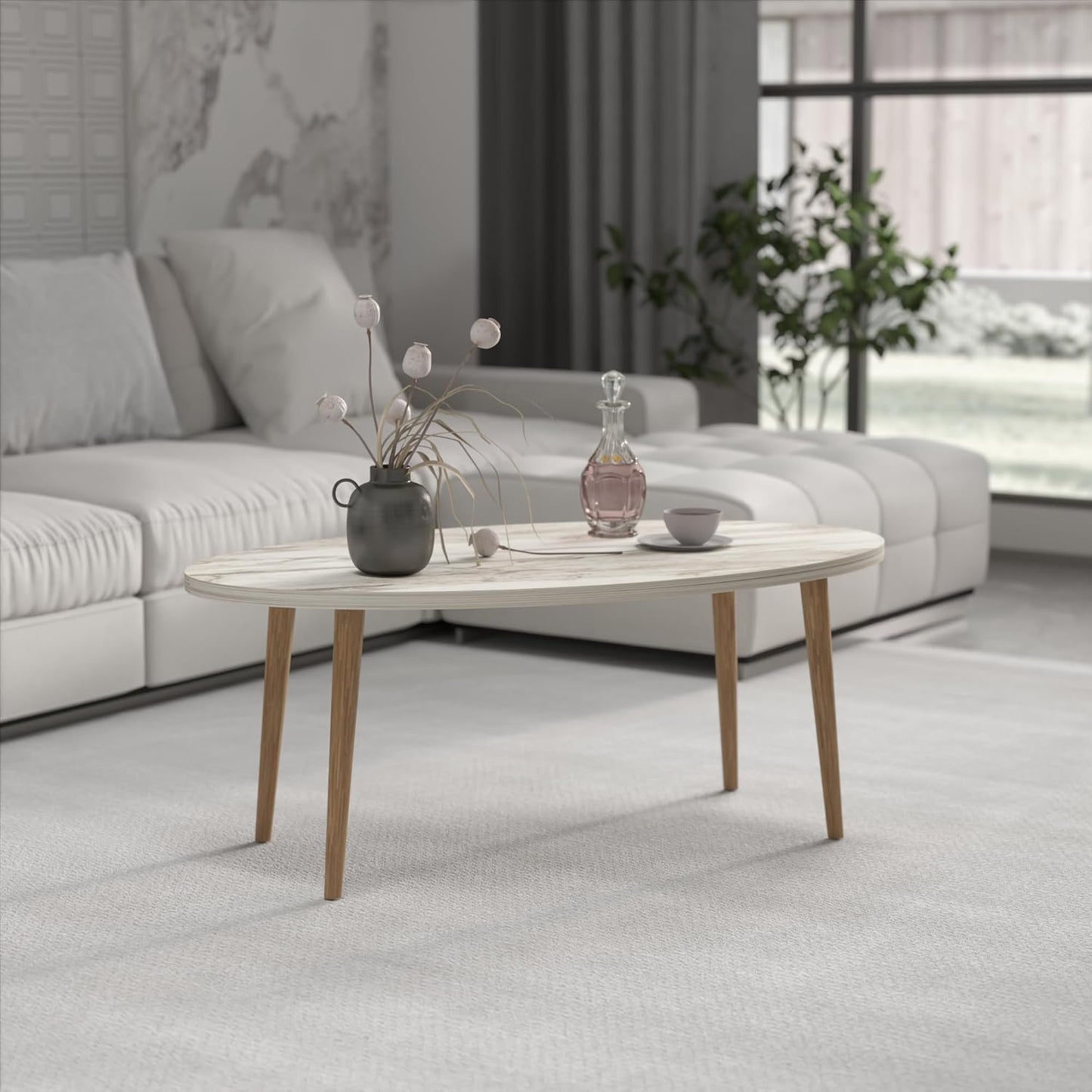 Coffee Table,MDF Modern Style Round Coffee Table for Living Room,Modern Oval-Round Side Table,Coffee Tables for Living Room,Accent Table,Center Table for Living Room,Sofa Table (White Marble)
