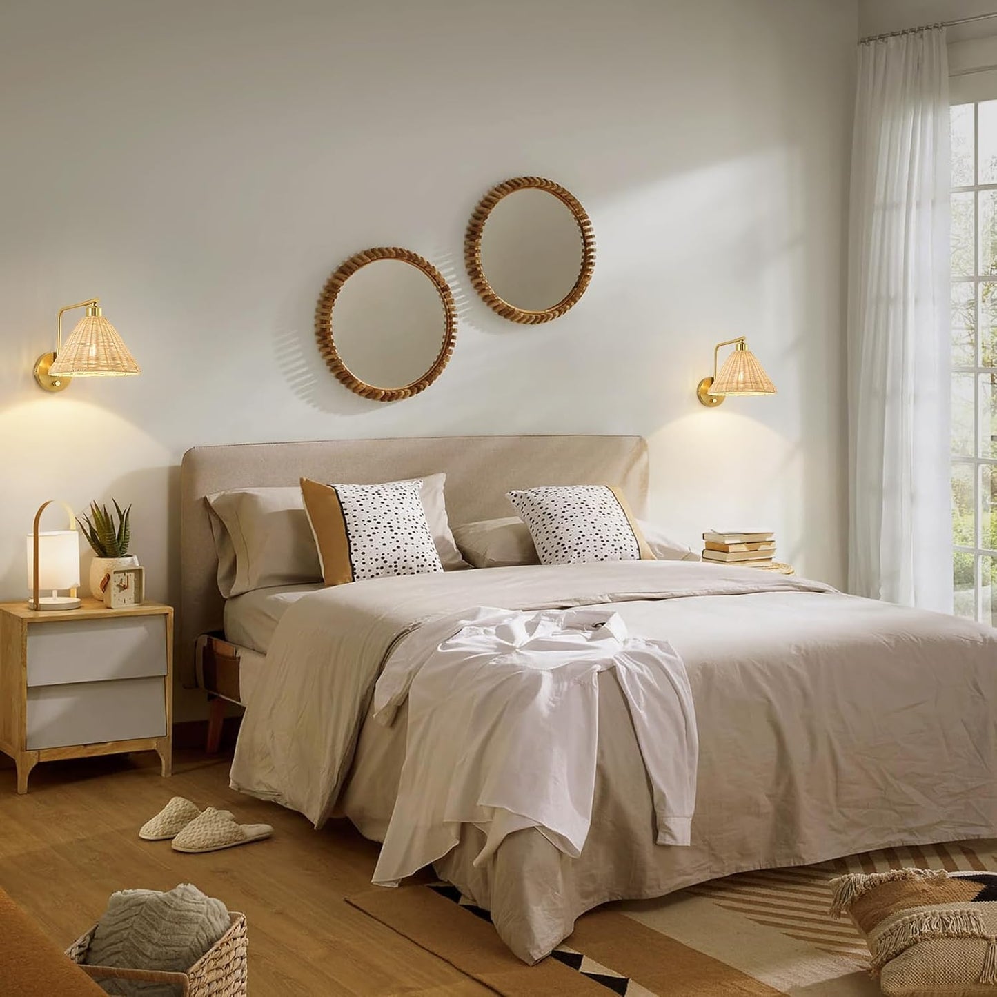 Rattan Plug in Wall Sconces Set of 2, Boho Wall Lamps with Plug in Cord and Dimmer Switch, Gold Hand Woven Swing Arm Wall Mount Light Fixture for Bedroom Living Room