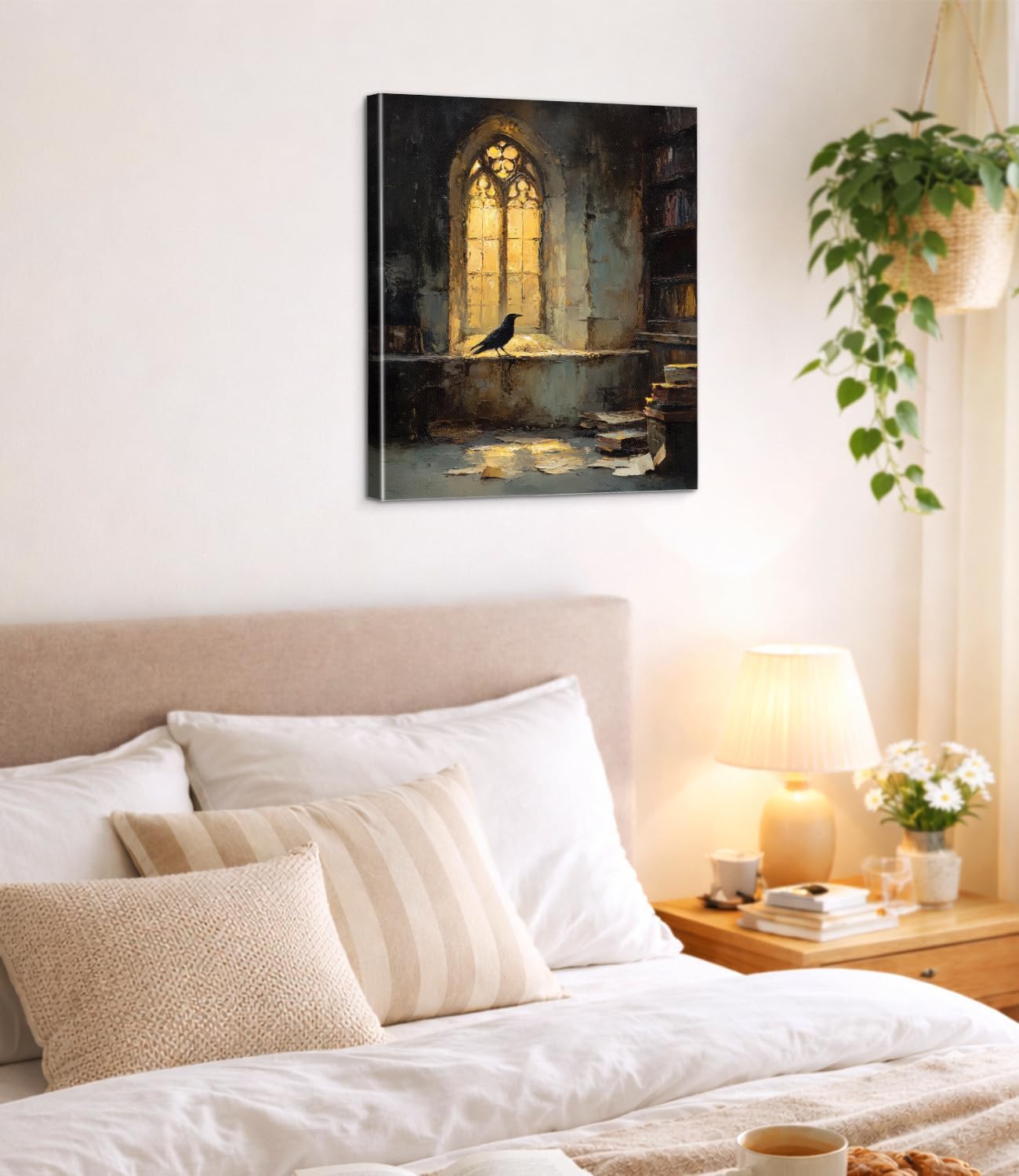 Vintage Bookshelf Raven Wall Art Print - Gothic Dark Academia Canvas Poster Painting - Book Lover Gifts Wall Decor for Reading Nook Library 8x10 Inch Framed