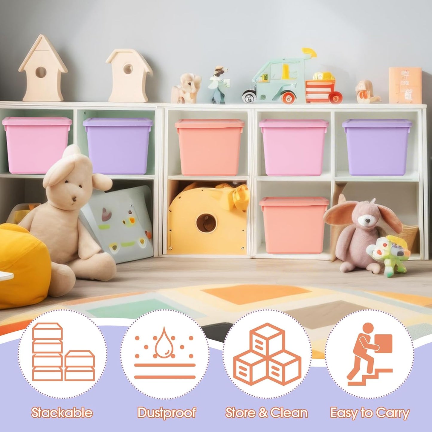 6 Pack Cute Plastic Storage Bins with Lids Decorative Stackable Storage Boxes 9.8" ×7.3" ×5.7" Small Storing Totes for Organizing Craft Office Supplies (Pink,Purple,Orange)