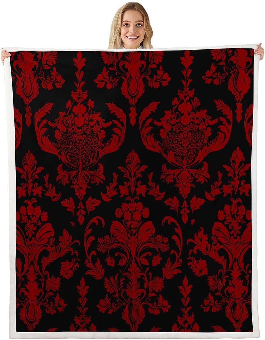Feelyou Red Black Vintage Damask Sherpa Blanket - Oriental Antique Fleece Throw for Boys & Girls - Gothic Bohemia Floral Plush Luxury Flower Fuzzy Blanket for Sofa, Bed, Couch - 50"x60"