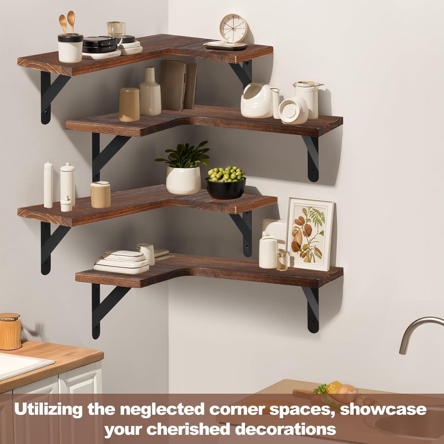 Corner Floating Shelves Set of 4,L-Shaped Wall Mounted Shelf,Rustic Wood Corner Shelvesfor Wall Storage and Decor,Wall Mounted Wood Shelves for Kitchen Living Room Bedroom,Dark Brown