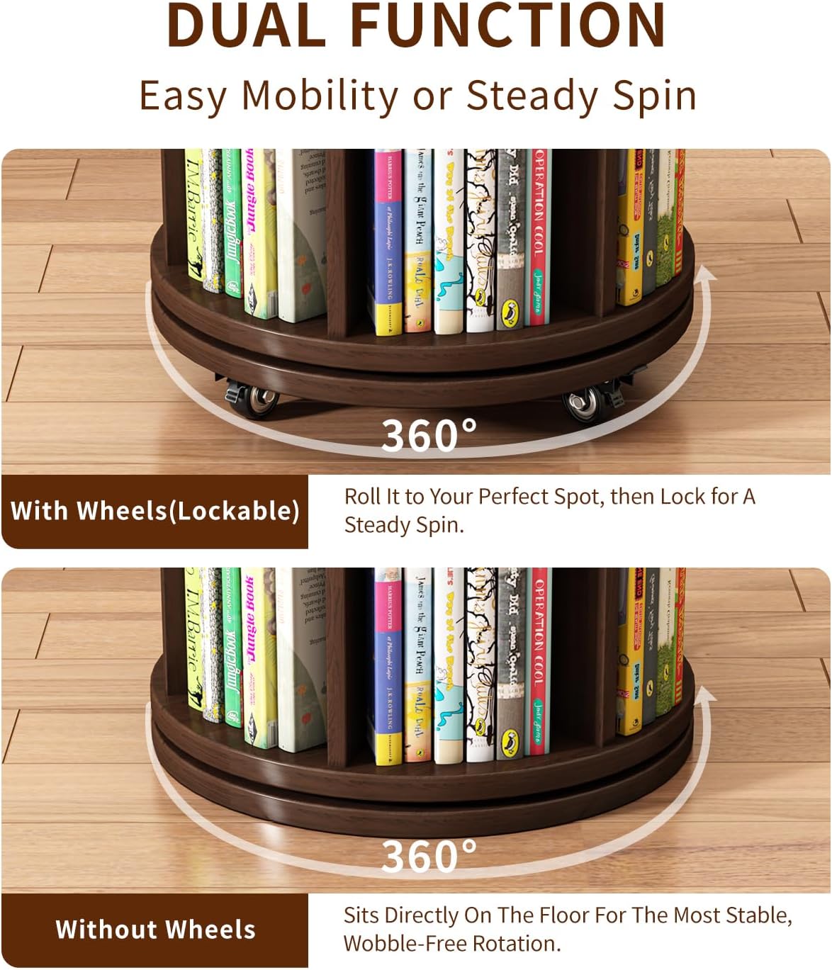 Saifu 4 Tier Wood Rotating Bookshelf on Wheels,Round Revolving Bookcase,360° Spinning Book Shelf Tower,Rolling Bookshelves for Small Space, Corner, Bedroom, Kids Room,Office, Walnut