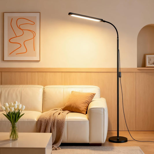 Bright 12W LED Flicker-Free Eye Protection Dimming Floor Lamp,3000-6000k,Gooseneck adjustable Standing Reading Lamp for Living Room Bedroom Bedside Office Classroom Task Craft, Black Modern Light