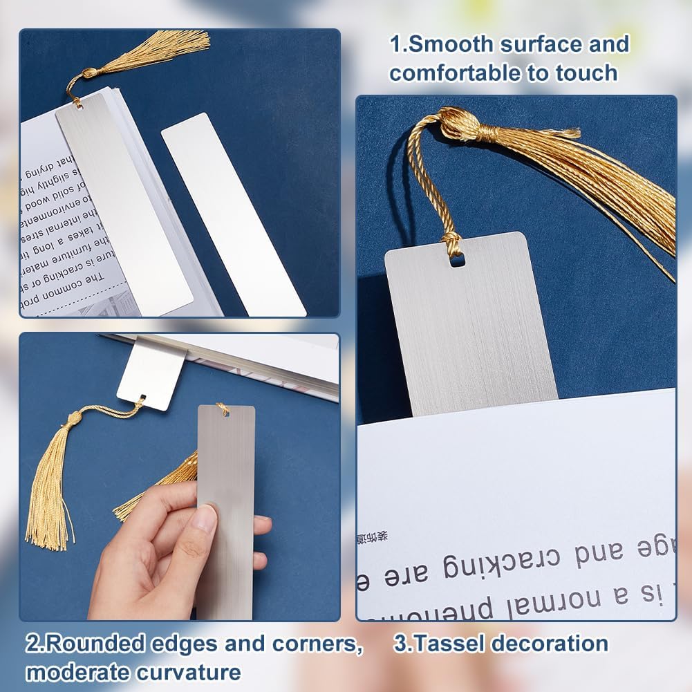 FINGERINSPIRE 6 Set Metal Blank Bookmark with Hole Stainless Steel Rectangle Bookmark with Gold Tassel DIY Blank Bookmarks Book Marks Page Markers for Student Teacher Book Lover DIY Project Gift