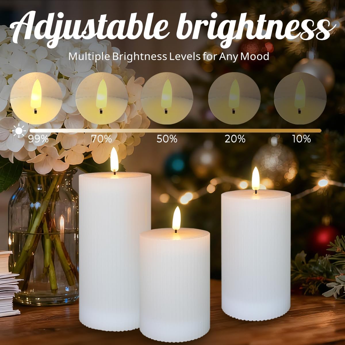 Rechargeable Flameless LED Pillar Candles–Luminous Real Wax Indoor Home Decor–Set of 3, Realistic Flickering LED Flame,Remote & Timer, USB-Rechargeable（White）